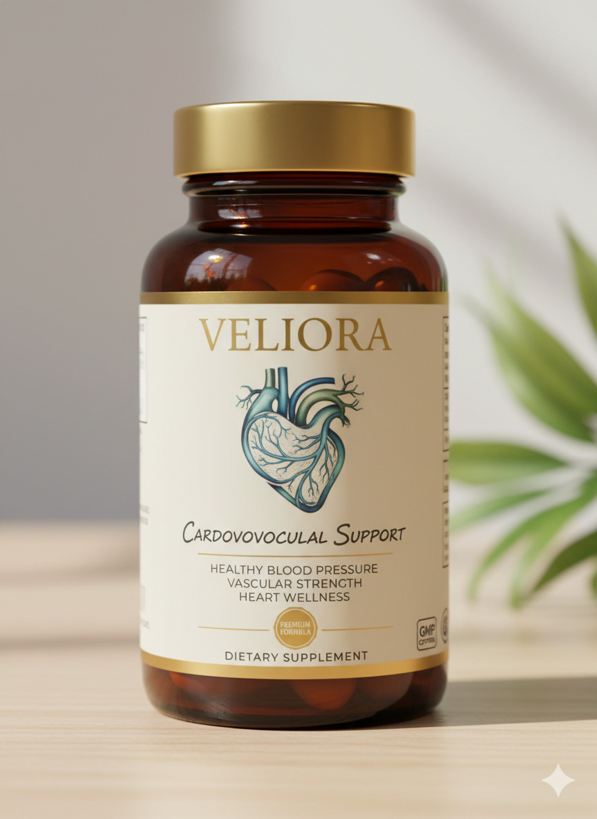 Veliora food supplement bottle with label visible on a neutral tabletop